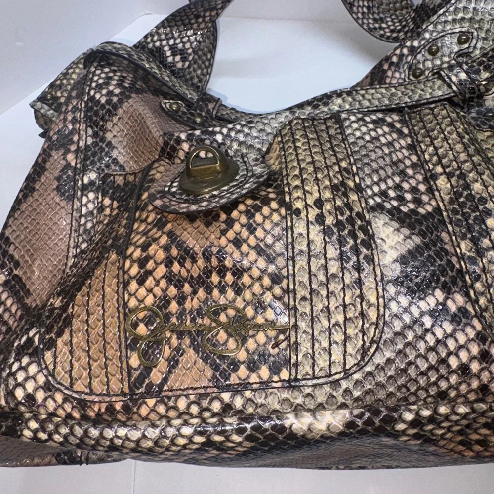 Y2K Hobo Bag Womens Large Brown Snakeskin Print Studded Jessica Simpson